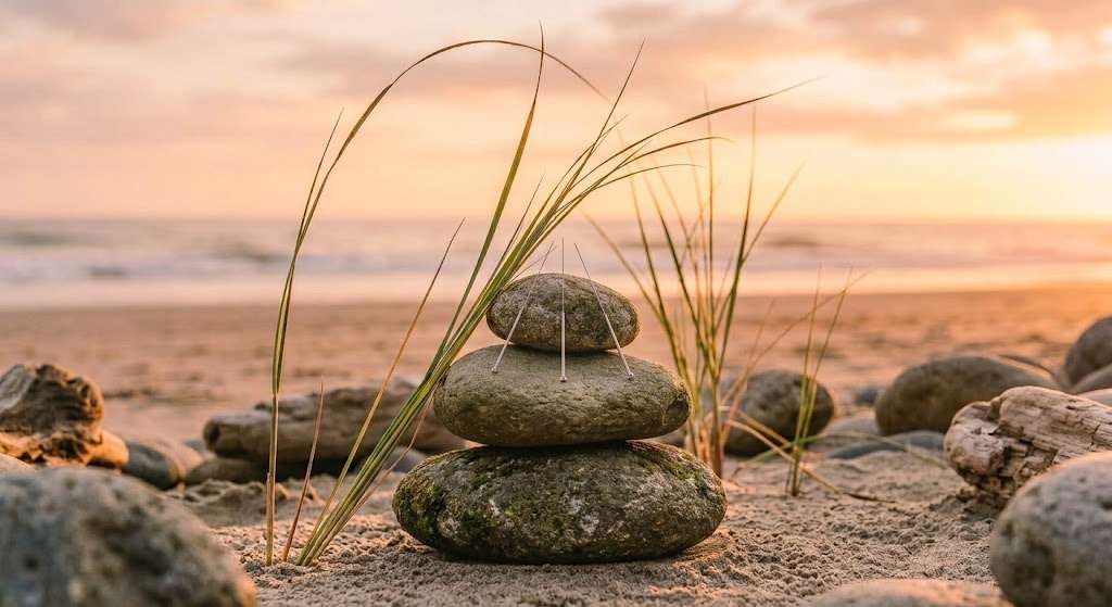 Steinstapel mit Akupunkturnadeln am Strand bei Sonnenuntergang