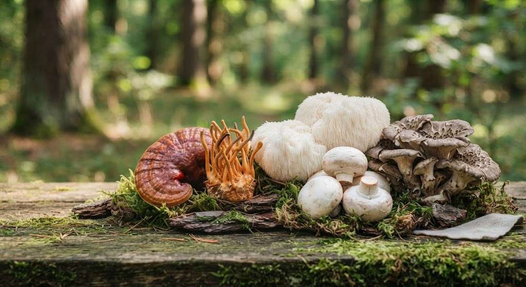 Verschiedene Vitalpilze auf einem bemoosten Holzstamm im Wald
