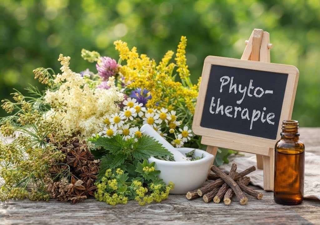 Heilkräuter, Mörser und Fläschchen neben einer Tafel mit der Aufschrift Phytotherapie